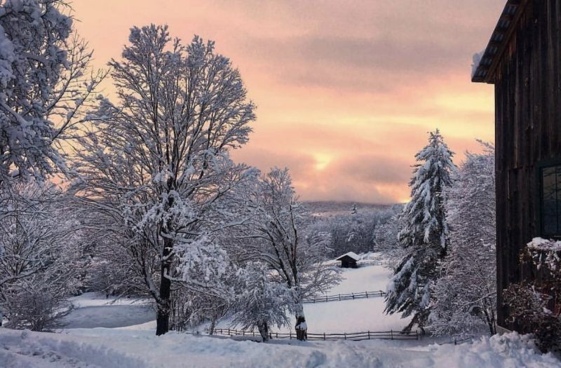 Rural view of places like the Billings Farm & Museum in Woodstock, Vermont in the winter
